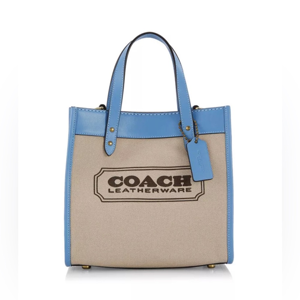 NWT Coach Field Tote 22 Bag in Brass/Natural Canvas/Pool Refined Calf Leather
